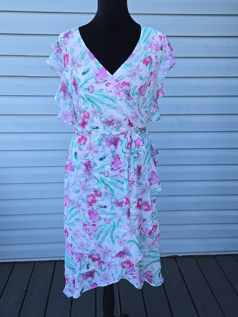 A New Day Pink Teal Floral Wrap Midi Dress NWT Size Small